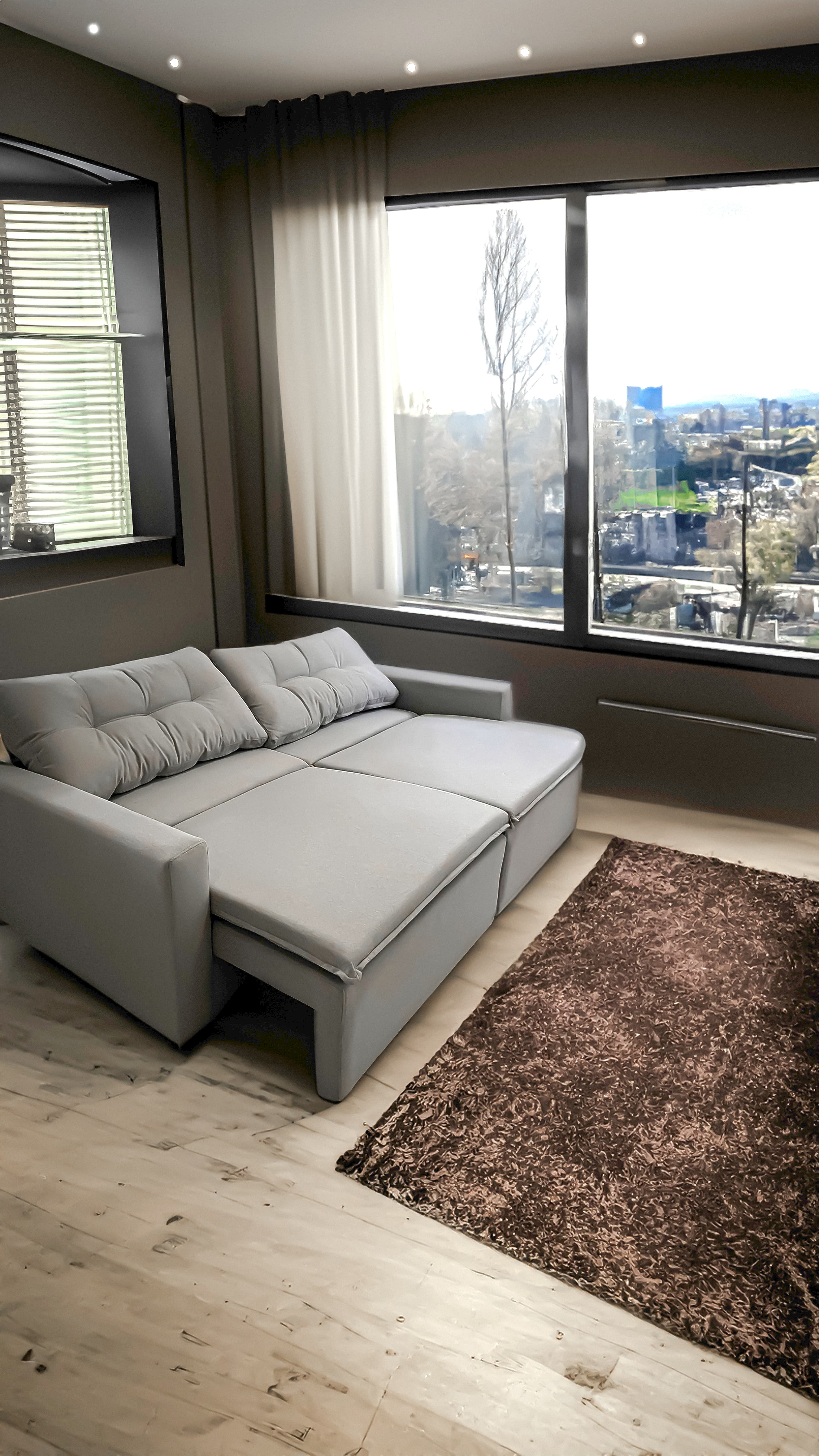 Sofá-cama Liverpool cinza — post Instagram PCR Móveis