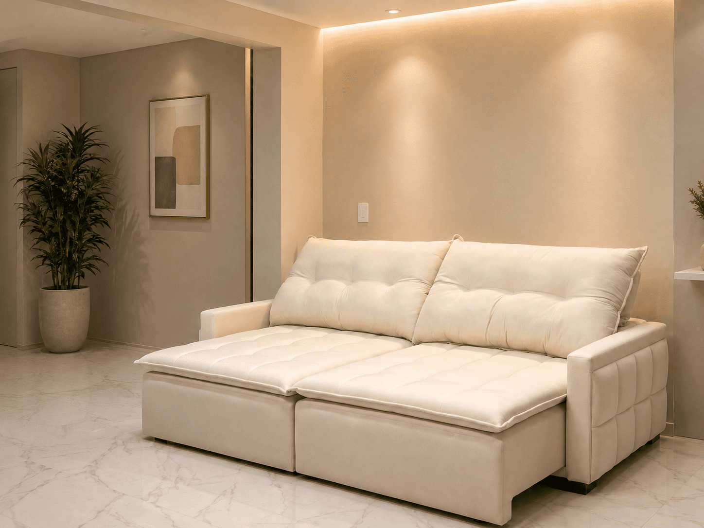 Sofá creme retrátil em sala com luz indireta - PCR Móveis, Manaus