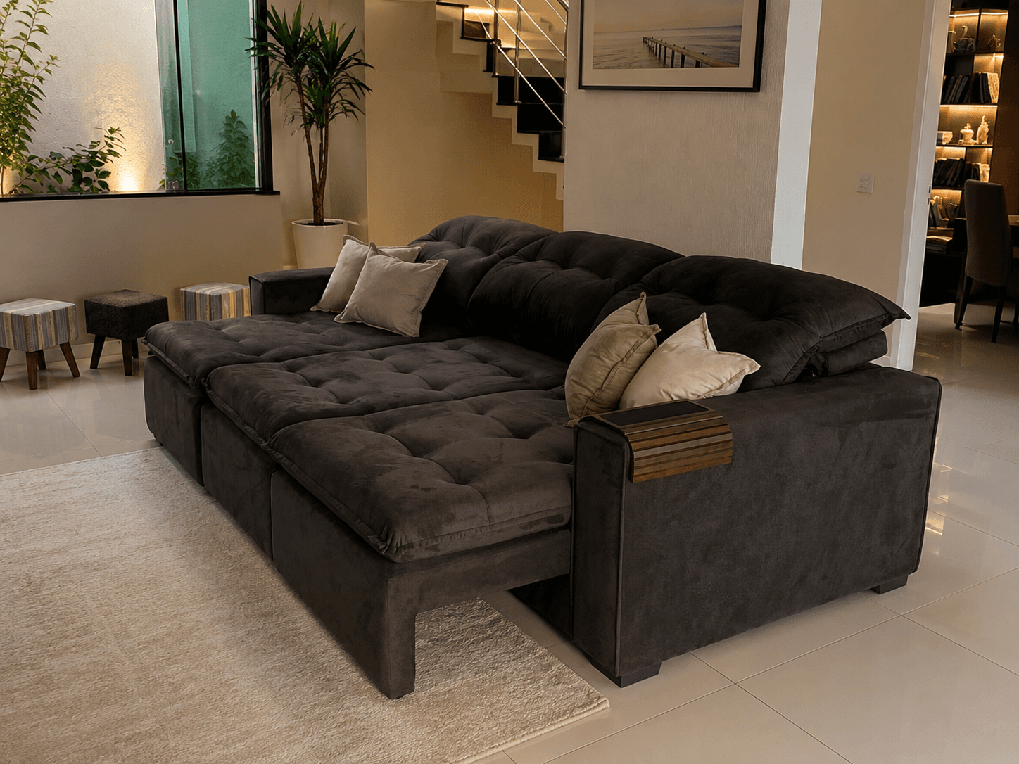 Sofá grafite com chaise em ambiente arquitetônico - PCR Móveis, Manaus
