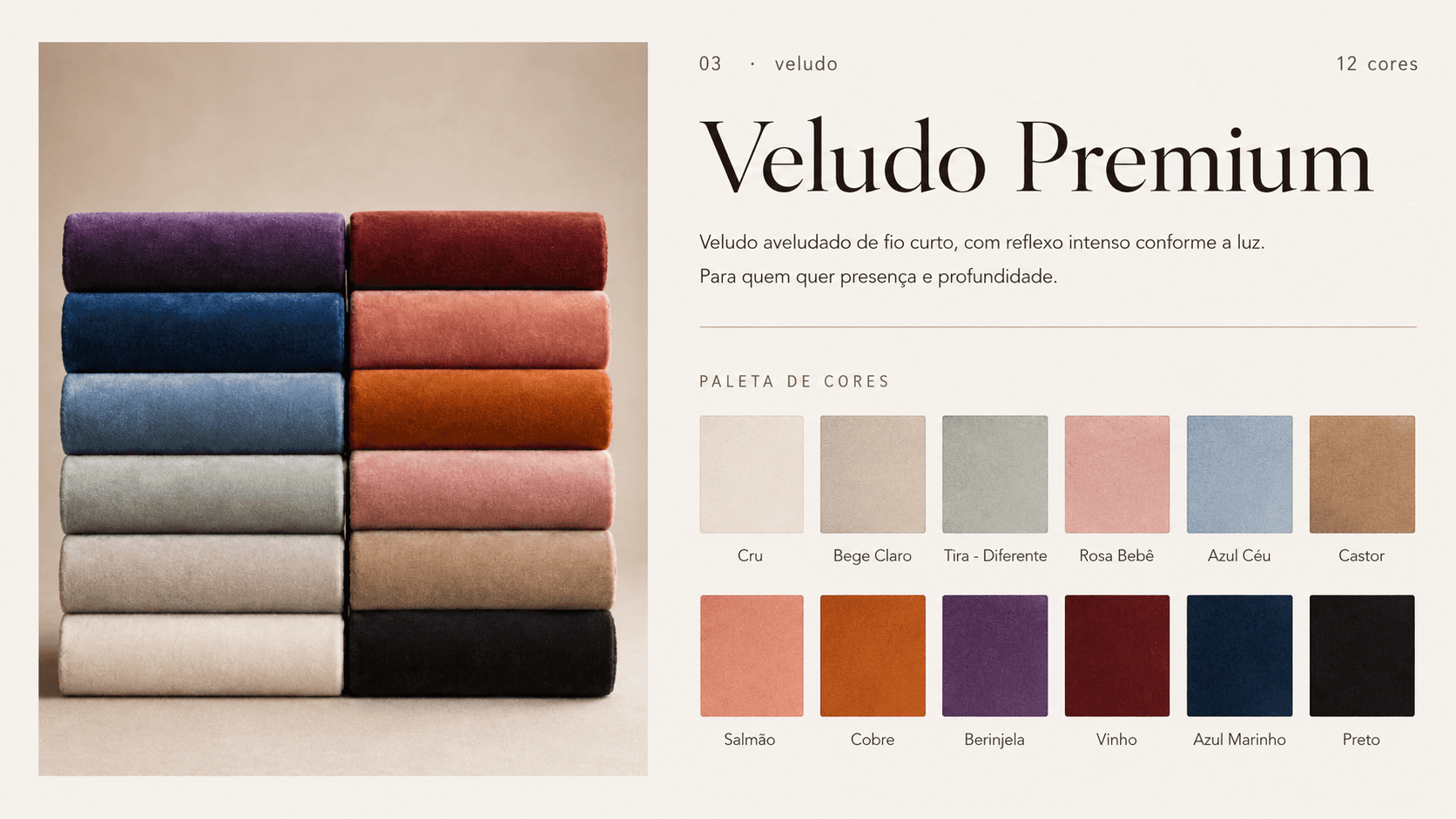Amostras de Veludo Premium para sofá sob medida - PCR Móveis, Manaus