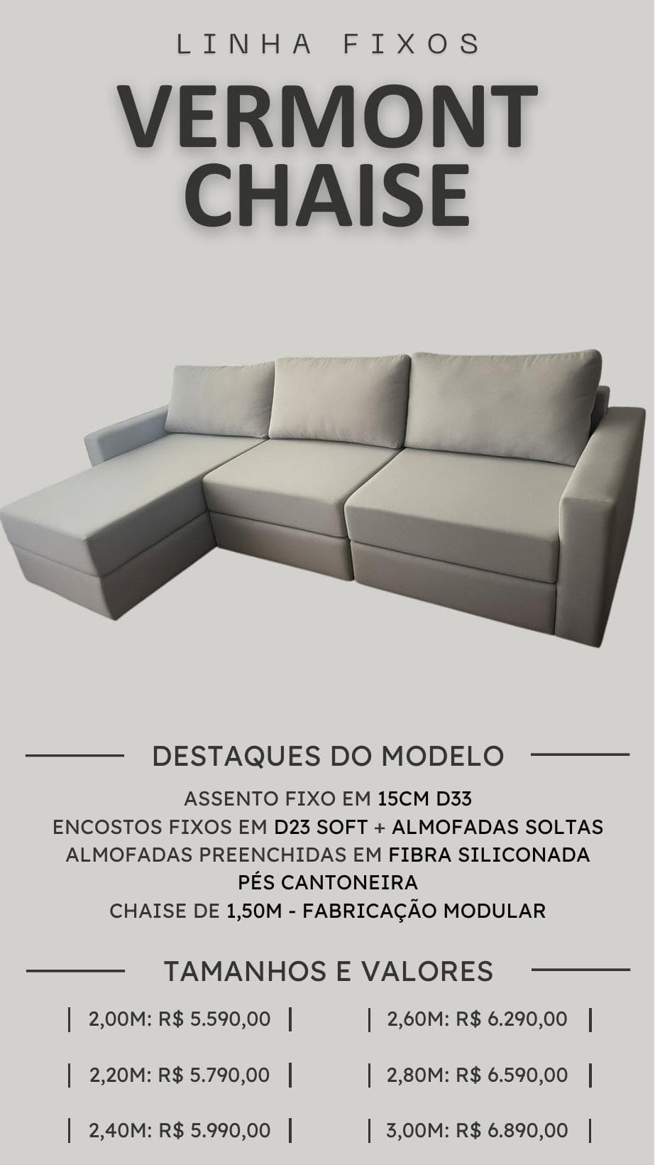 Sofá Vermont com chaise — catálogo PCR Móveis