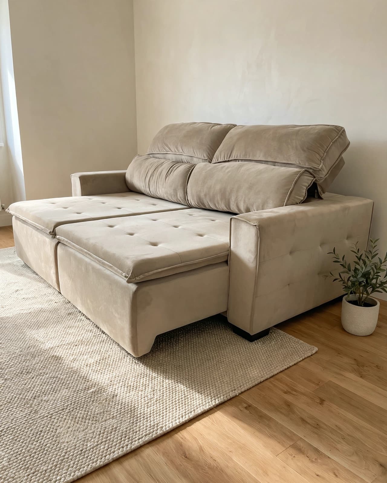 Sofá Amsterdam retrátil bege com assentos abertos em sala de estar