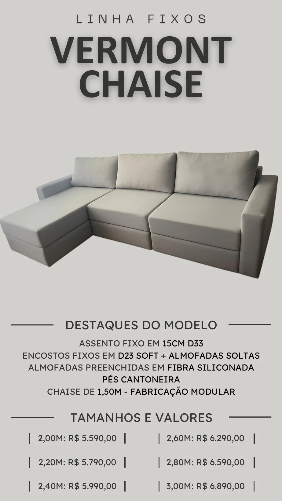 Sofá Vermont com chaise — catálogo PCR Móveis