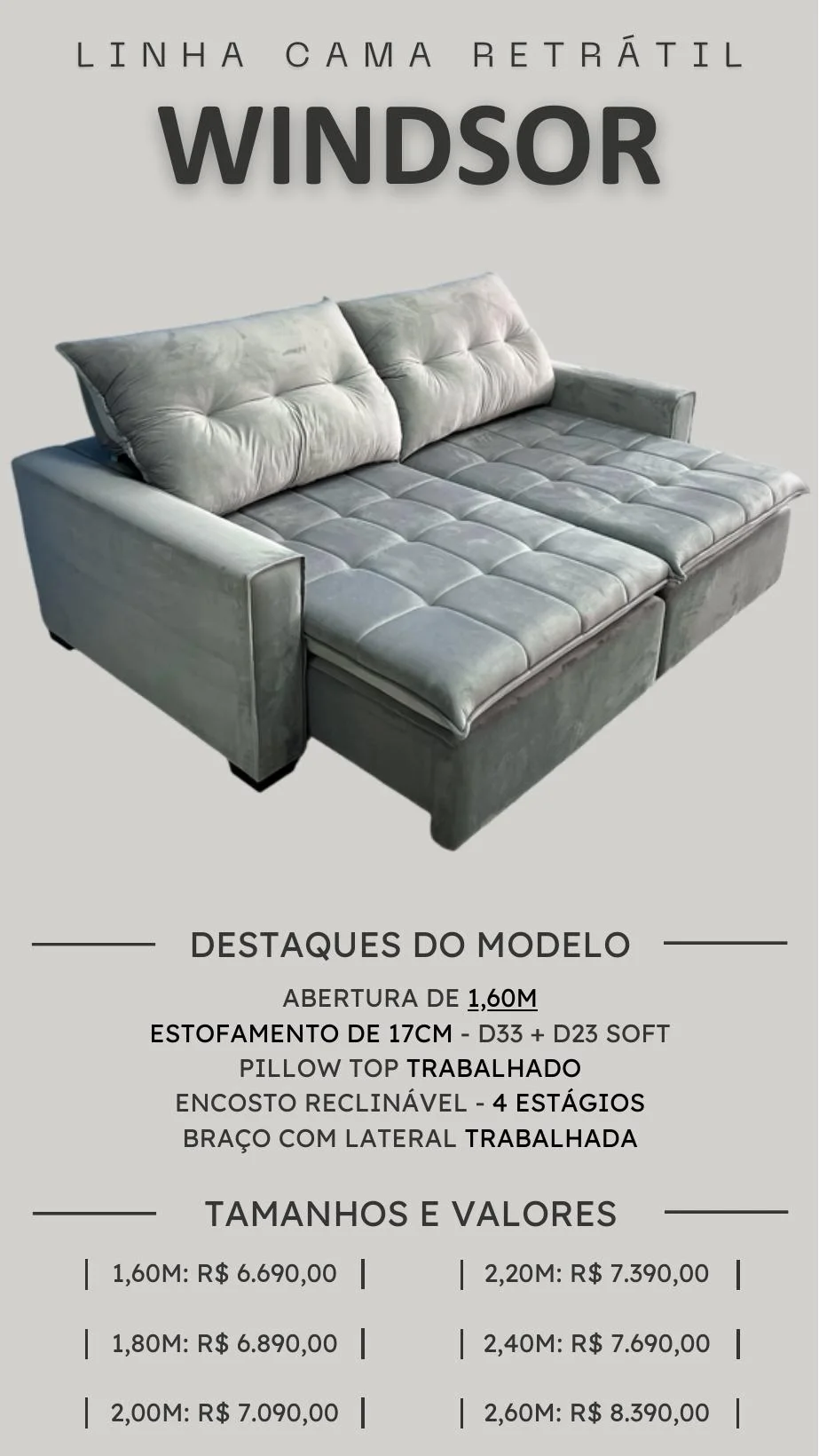 Linha retrátil reclinável Windsor — catálogo PCR Móveis