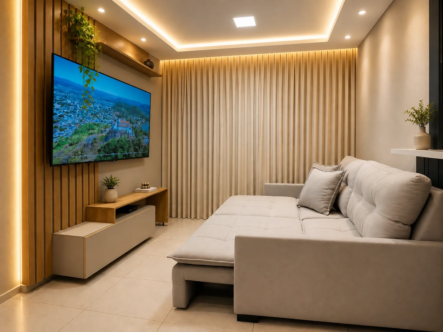 Sofá off white em home theater com cortina iluminada