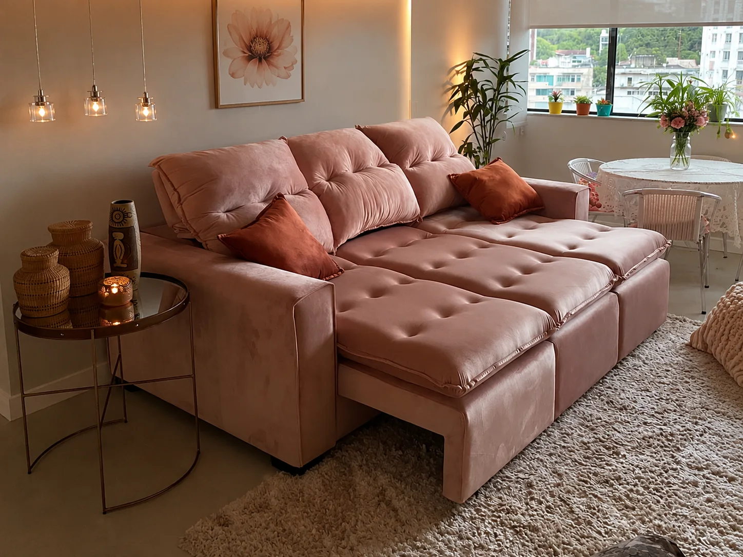 Sofá rosa antigo retrátil em sala com tapete