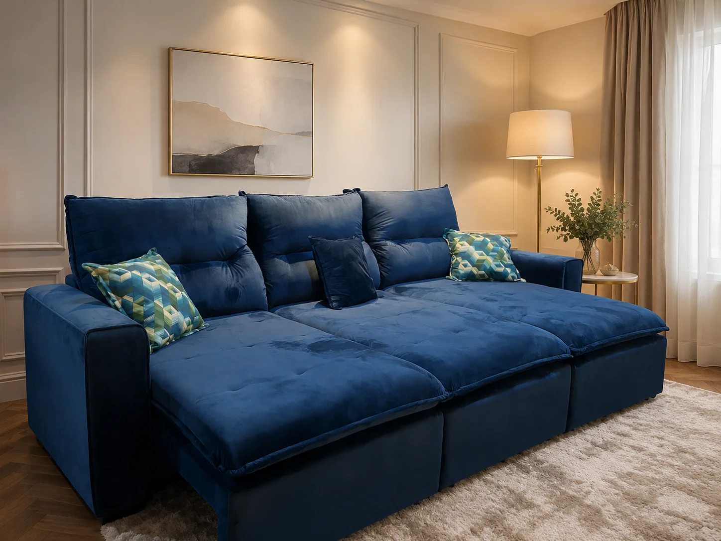 Sofá azul retrátil em sala com mesa lateral