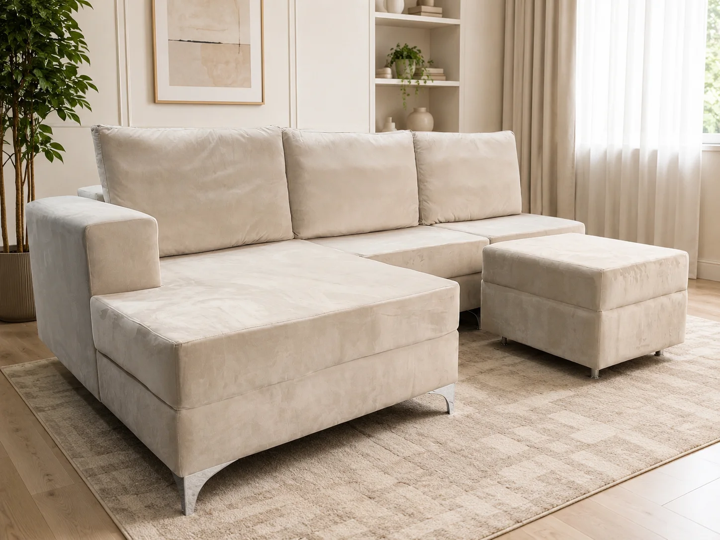 Sofá off white com chaise em sala compacta