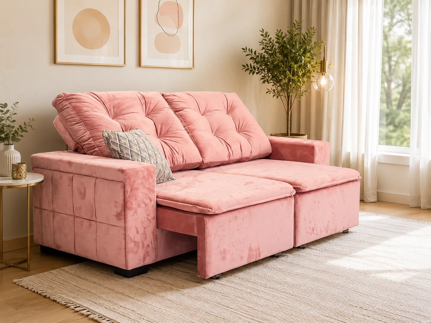 Sofá rosa retrátil em ambiente claro
